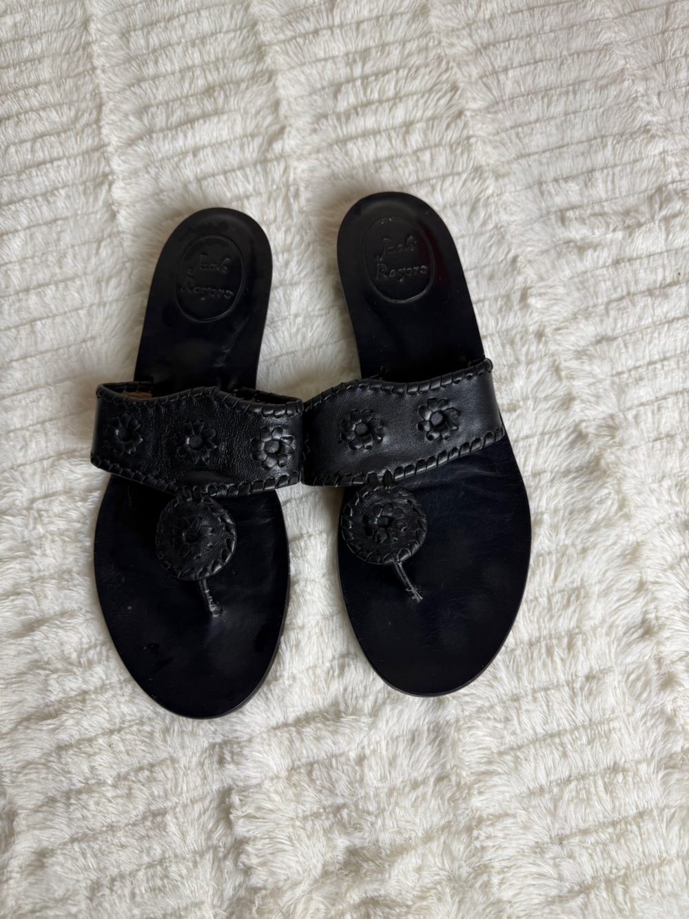 Jack Rogers Black Leather Floral Toe-Post Sandals